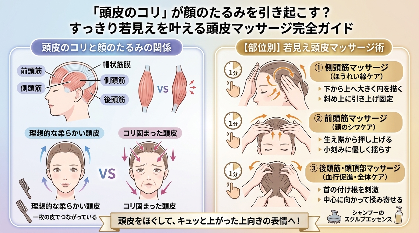 「頭皮のコリ」が顔のたるみを引き起こす？すっきり若見えを叶える頭皮マッサージ完全ガイド