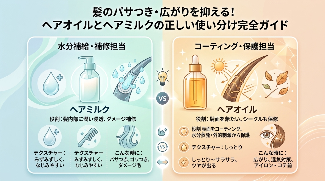髪のパサつき・広がりを抑える！ヘアオイルとヘアミルクの正しい使い分け完全ガイド
