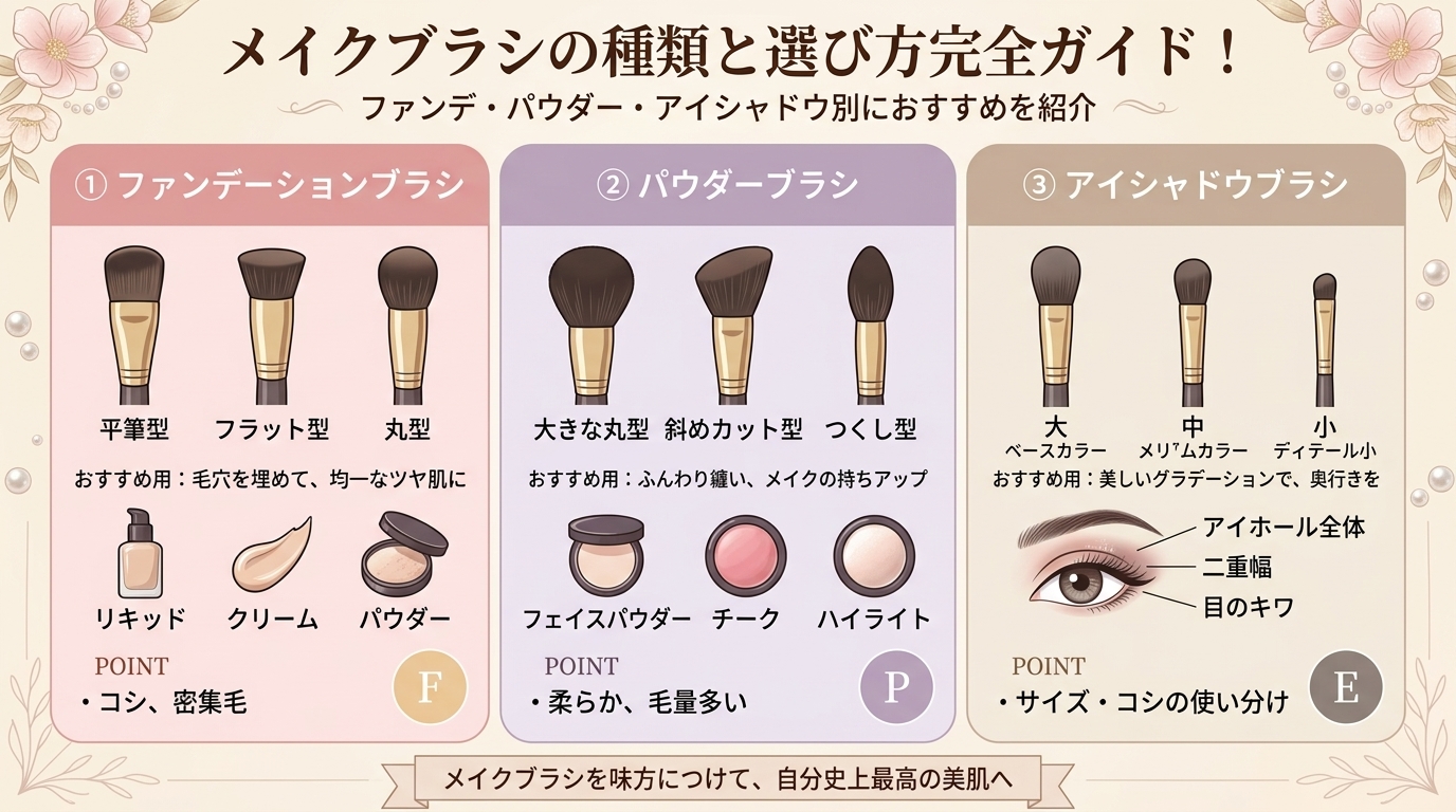 メイクブラシの種類と選び方完全ガイド！ファンデ・パウダー・アイシャドウ別におすすめを紹介