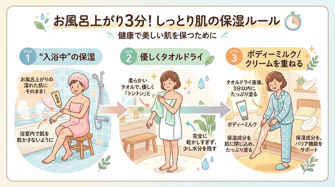 【徹底解説】お風呂上がり「3分以内保湿」が鍵！モチモチ肌を叶えるボディケア完全ガイド
